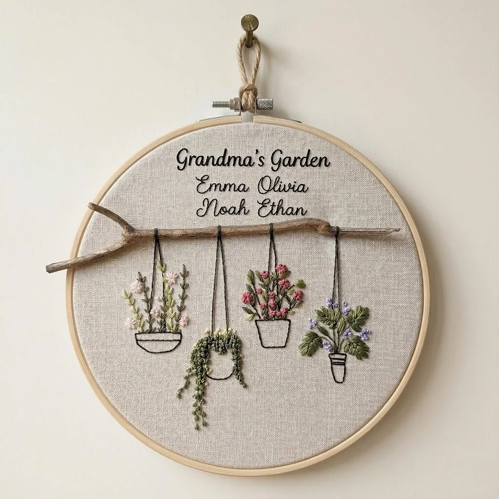 Personalized Grandma’s Garden Embroidery Hoop, Custom Family Name Sign, Hanging Plants Wall Decor, Gift for Grandma & Mom