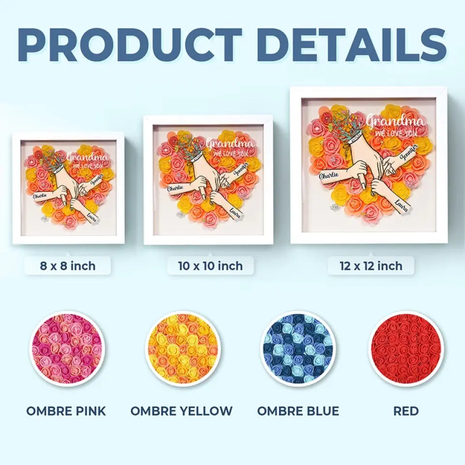 "Grandma, We Love You" – Personalized Flower Shadow Box A Heartfelt Family Keepsake – Perfect Mother's Day Gift for Mom & Grandma