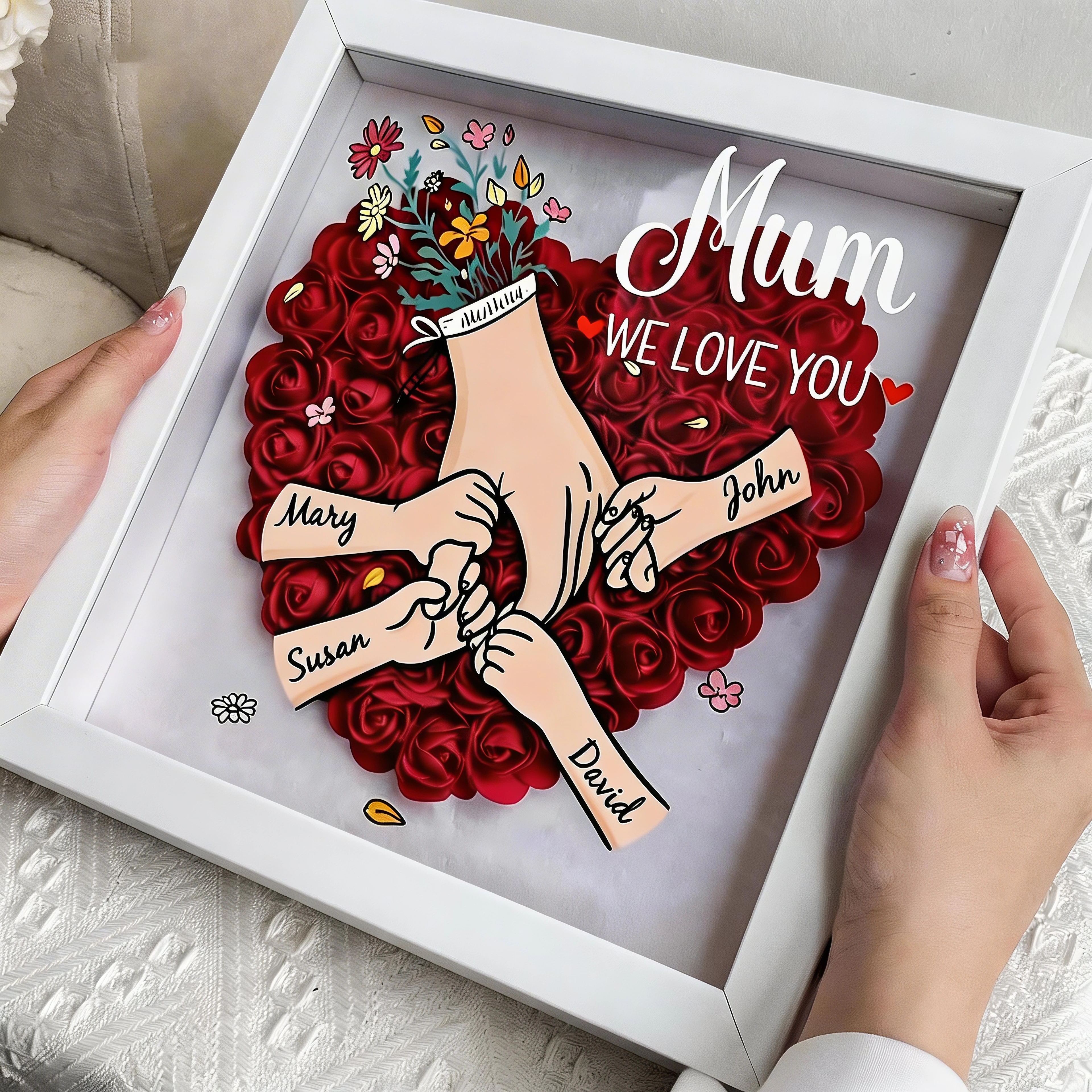 Personalized Mom Flower Shadow Box,Holding Hands Rose Frame With Grandkids Names, Custom Roses Shadow Box, Gift for Mom, Grandma Nana