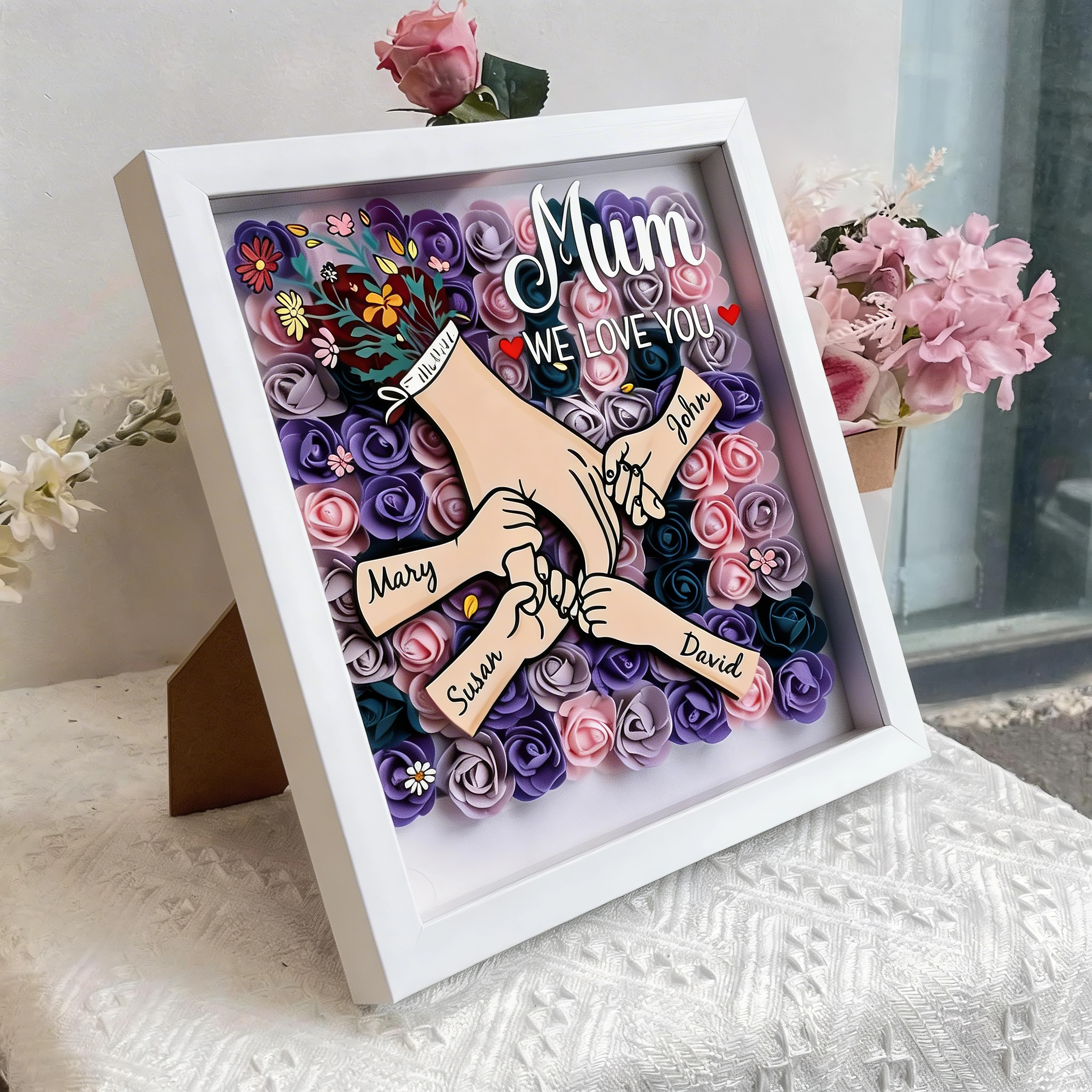 Personalized Mom Flower Shadow Box,Holding Hands Rose Frame With Grandkids Names, Custom Roses Shadow Box, Gift for Mom, Grandma Nana