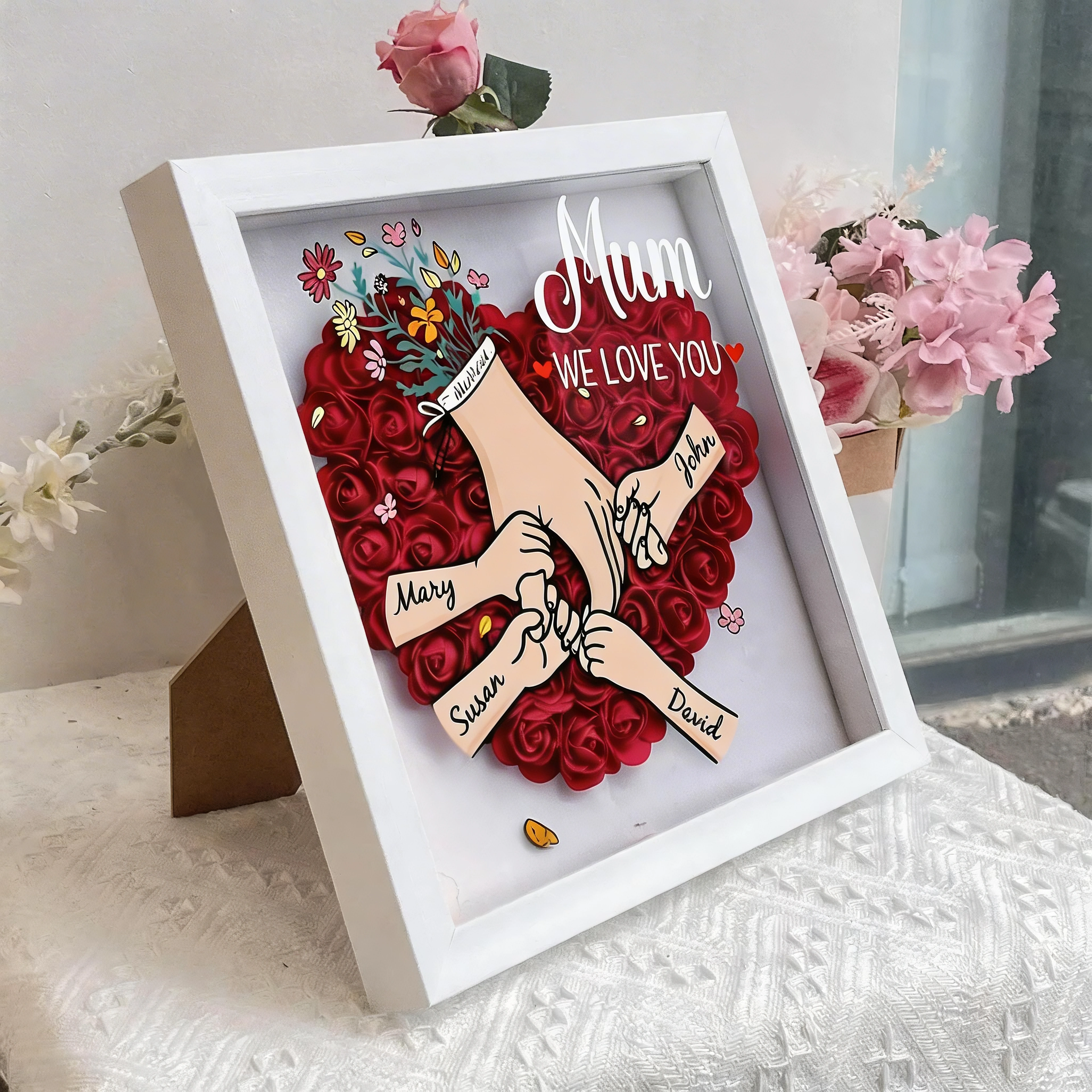 Personalized Mom Flower Shadow Box,Holding Hands Rose Frame With Grandkids Names, Custom Roses Shadow Box, Gift for Mom, Grandma Nana