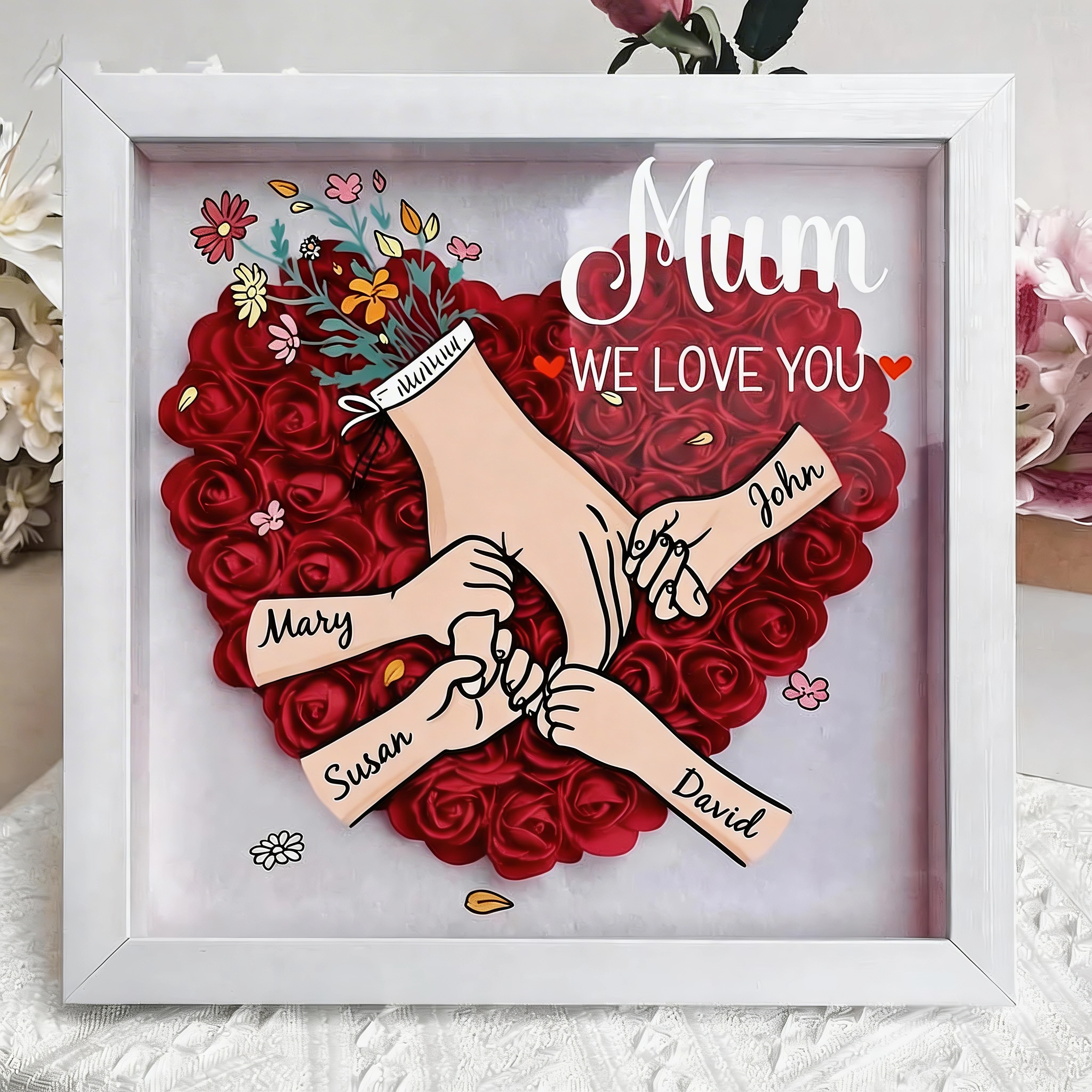 Personalized Mom Flower Shadow Box,Holding Hands Rose Frame With Grandkids Names, Custom Roses Shadow Box, Gift for Mom, Grandma Nana