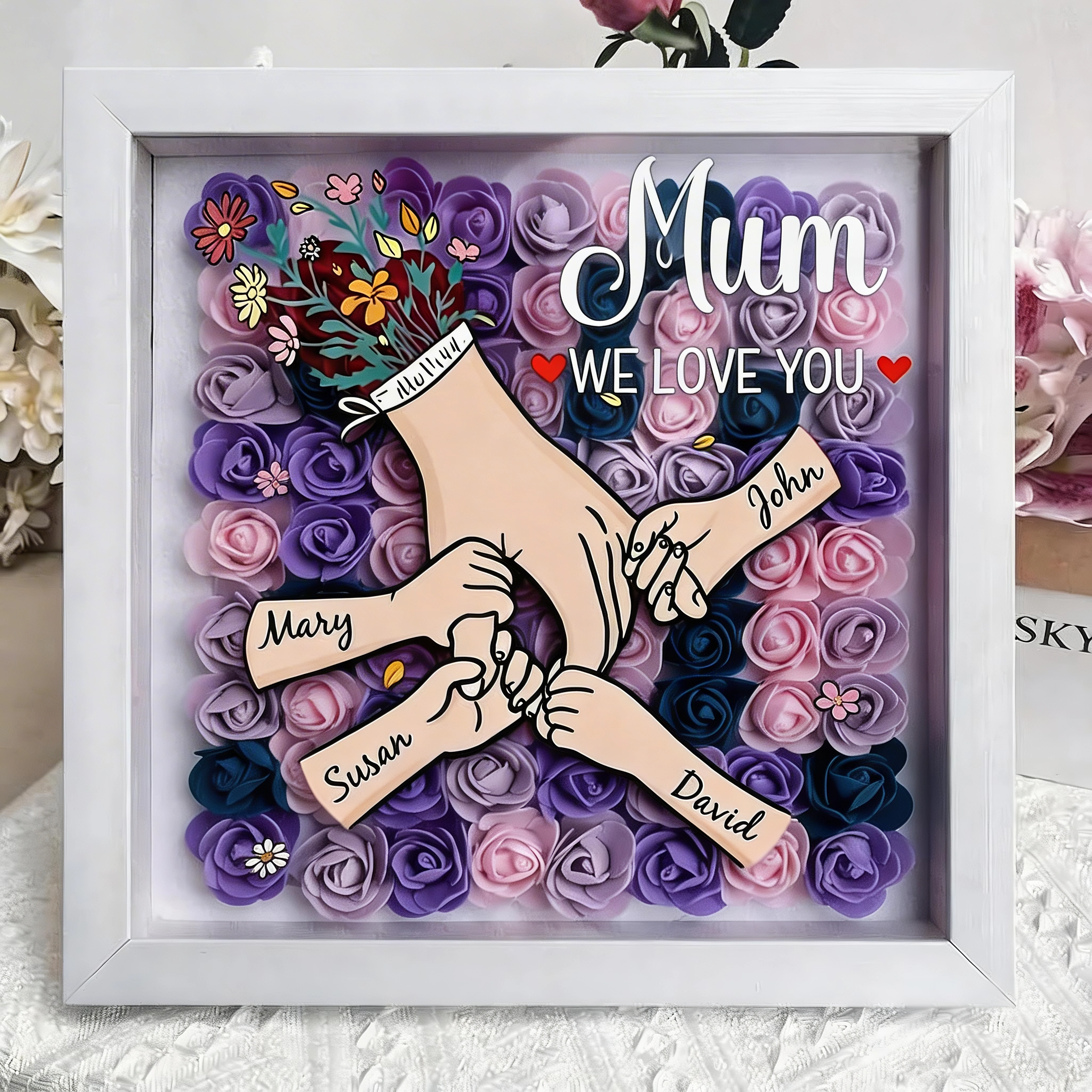 Personalized Mom Flower Shadow Box,Holding Hands Rose Frame With Grandkids Names, Custom Roses Shadow Box, Gift for Mom, Grandma Nana