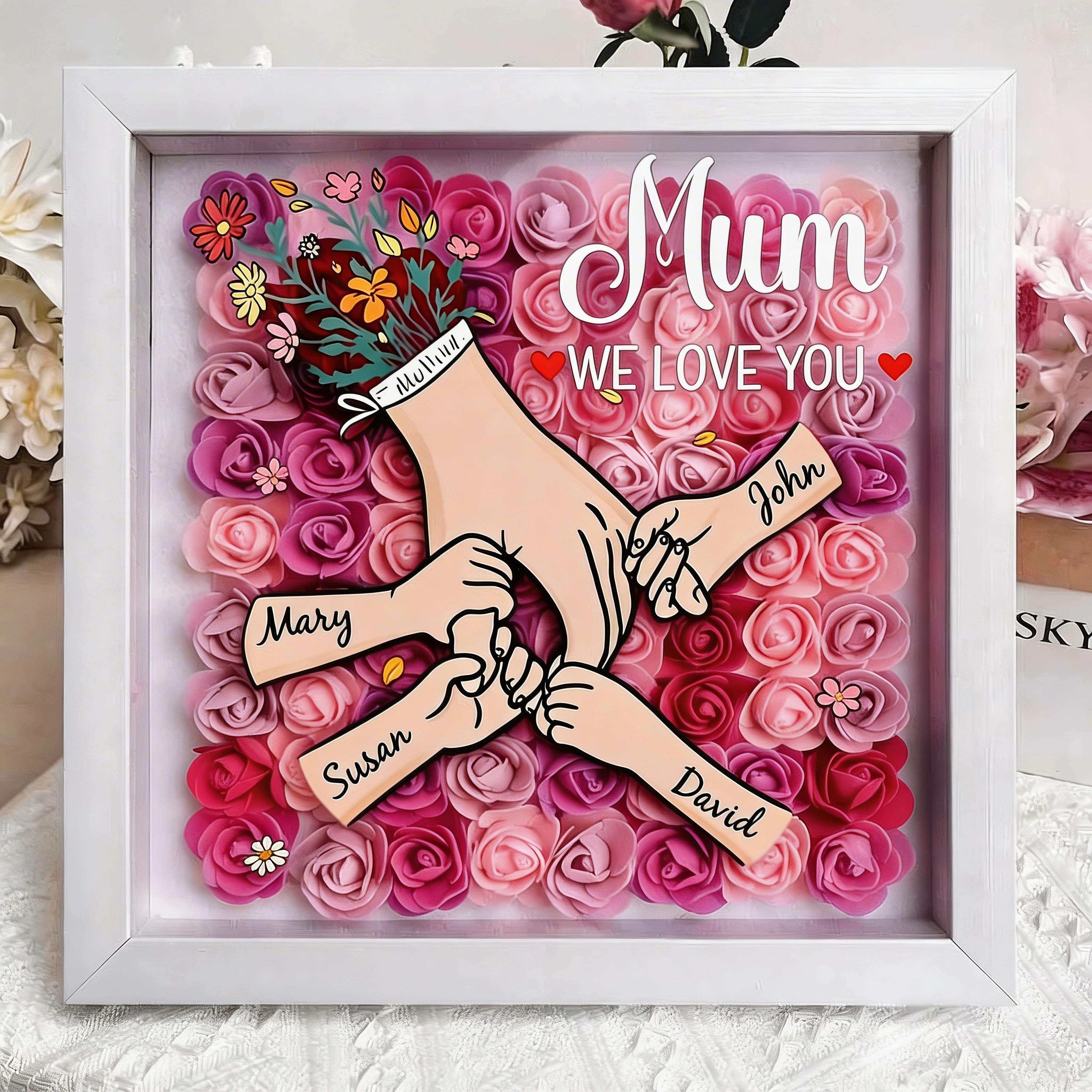 Personalized Mom Flower Shadow Box,Holding Hands Rose Frame With Grandkids Names, Custom Roses Shadow Box, Gift for Mom, Grandma Nana