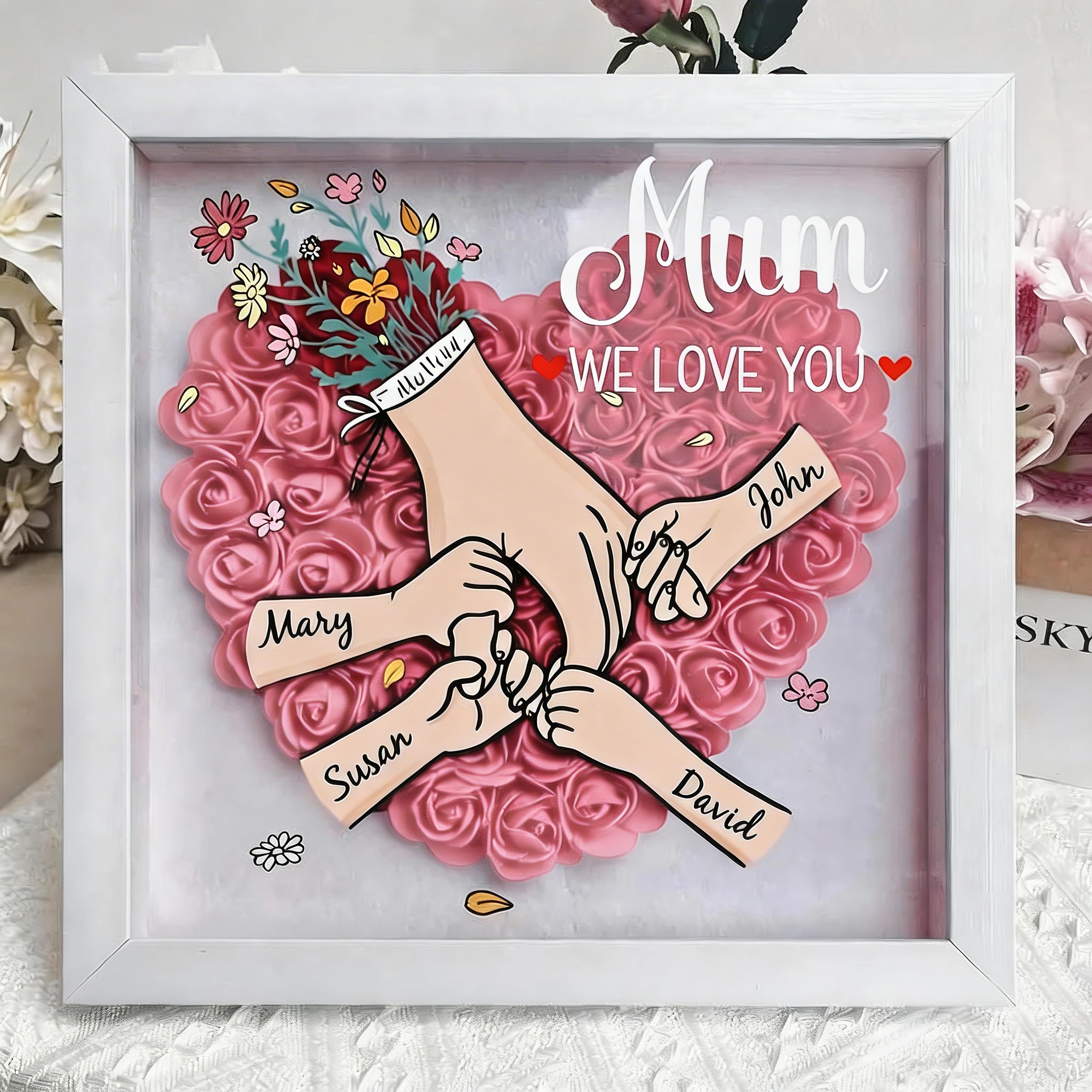 Personalized Mom Flower Shadow Box,Holding Hands Rose Frame With Grandkids Names, Custom Roses Shadow Box, Gift for Mom, Grandma Nana