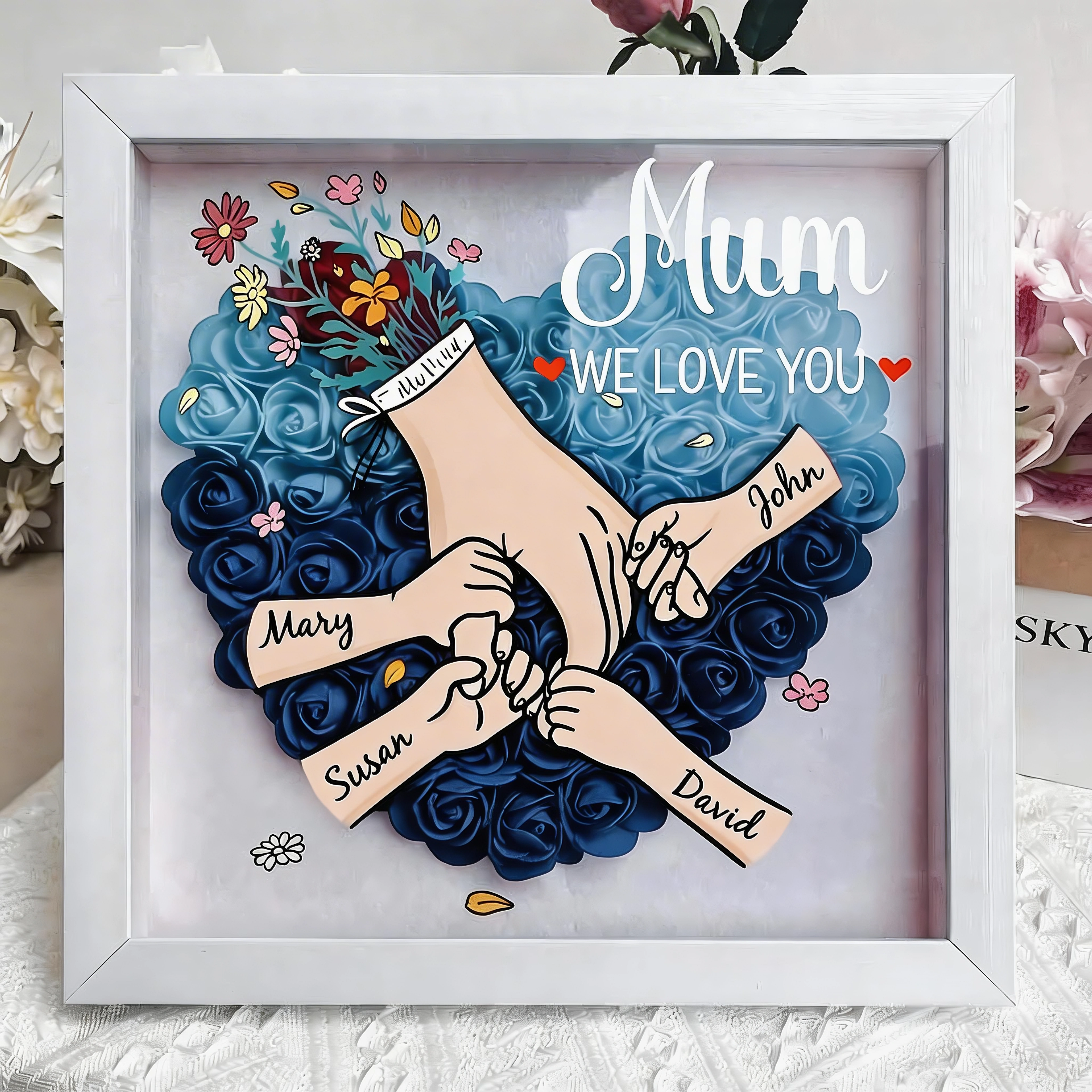 Personalized Mom Flower Shadow Box,Holding Hands Rose Frame With Grandkids Names, Custom Roses Shadow Box, Gift for Mom, Grandma Nana