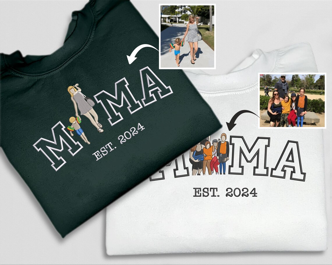Custom Mama Portrait Sweatshirt - Embroidered Mama and Kids Photo Sketch, Personalized "Mama Est" Date Jumper, Perfect Mother's Day Gift