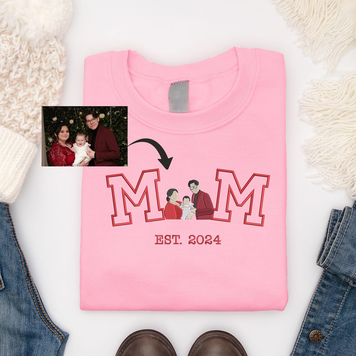 Custom Mama Portrait Sweatshirt - Embroidered Mama and Kids Photo Sketch, Personalized "Mama Est" Date Jumper, Perfect Mother's Day Gift