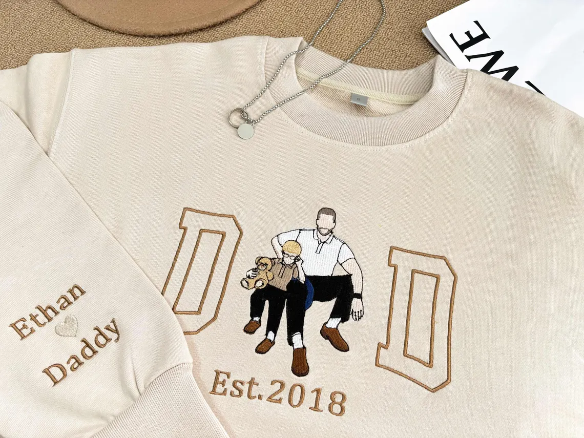 Personalized Father's Day Embroidered Sweatshirt, Custom Photo Portrait Gift for Dad, Unique Father’s Day Gift Idea