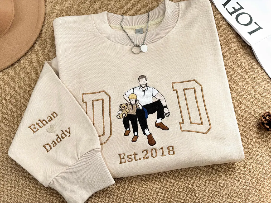 Personalized Father's Day Embroidered Sweatshirt, Custom Photo Portrait Gift for Dad, Unique Father’s Day Gift Idea