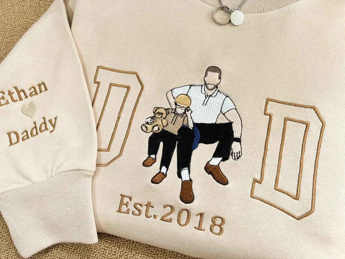 Personalized Father's Day Embroidered Sweatshirt, Custom Photo Portrait Gift for Dad, Unique Father’s Day Gift Idea