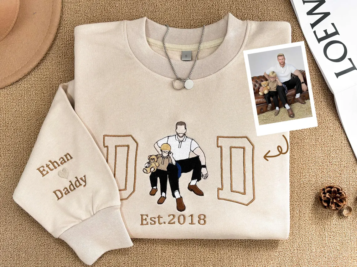Personalized Father's Day Embroidered Sweatshirt, Custom Photo Portrait Gift for Dad, Unique Father’s Day Gift Idea