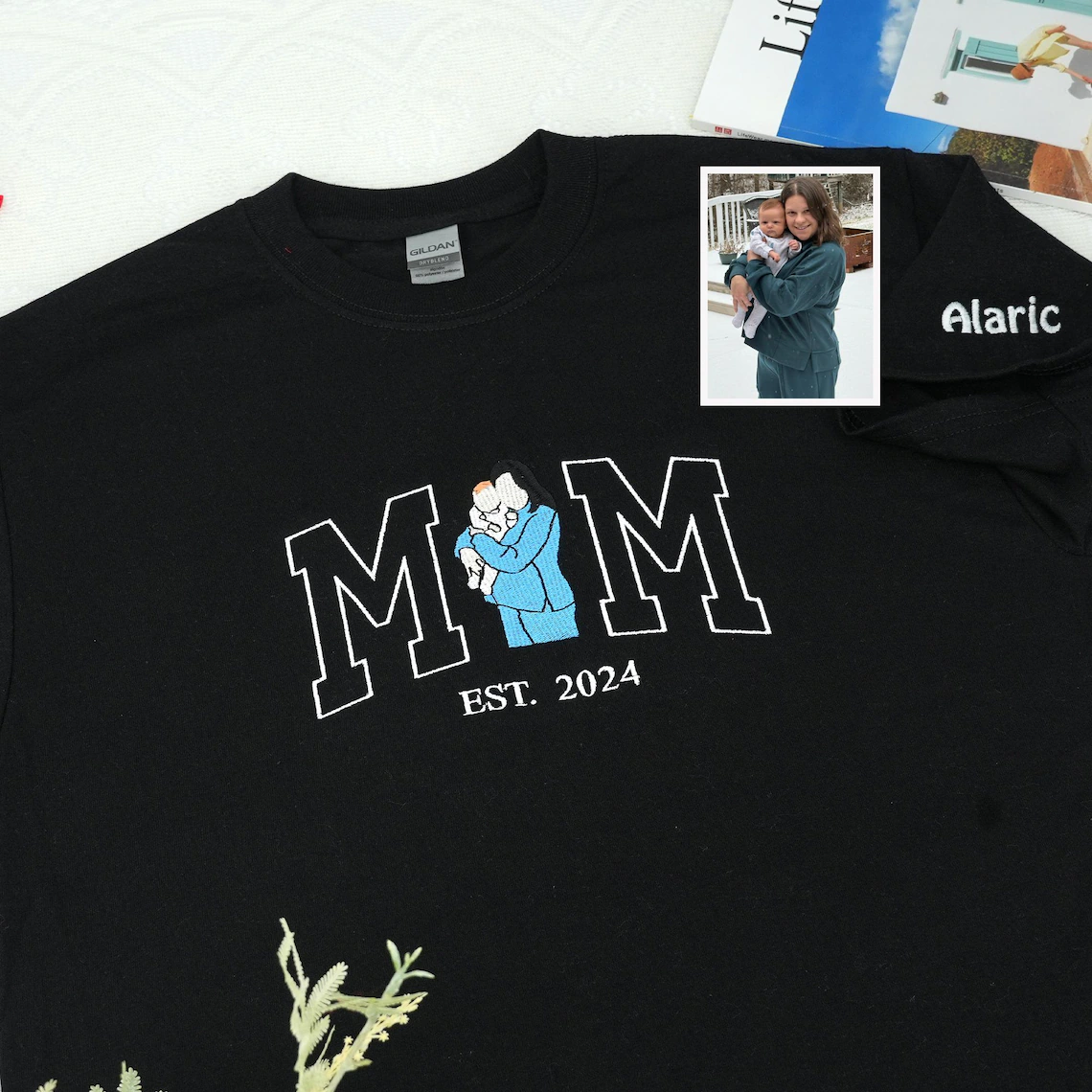 Personalized Mama Sweatshirt with Photo – Custom Embroidered Kids Portrait Crewneck – Memorial Shirt for Mom