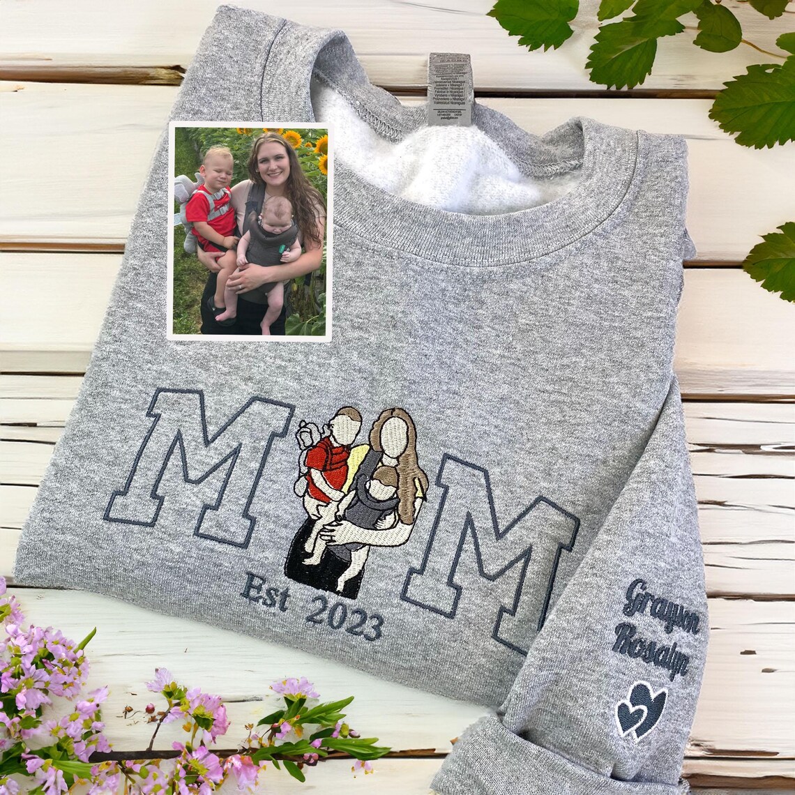 Personalized Mama Sweatshirt with Photo – Custom Embroidered Kids Portrait Crewneck – Memorial Shirt for Mom