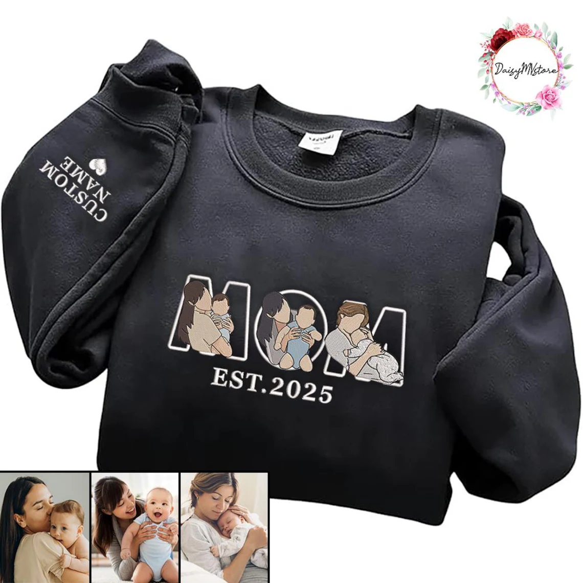 Custom Mama Portrait Sweatshirt, Embroidered Mama & Kids Sketch, Personalized ‘Mama Est’ Date Jumper, Perfect Mother’s Day Gift