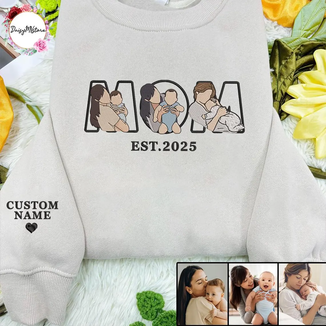 Custom Embroidered Mama Sweatshirt with Photo – Personalized Mama & Kids Portrait, Embroidery Shirt for Mom, Perfect Mother’s Day Gift