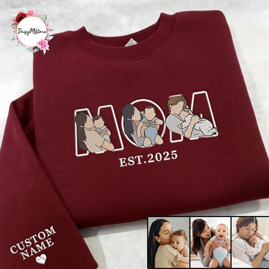 Custom Embroidered Mama Sweatshirt with Photo – Personalized Mama & Kids Portrait, Embroidery Shirt for Mom, Perfect Mother’s Day Gift