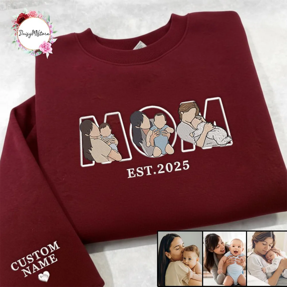 Custom Mama Portrait Sweatshirt, Embroidered Mama & Kids Sketch, Personalized ‘Mama Est’ Date Jumper, Perfect Mother’s Day Gift