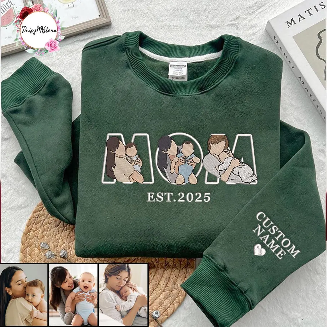Custom Embroidered Mama Sweatshirt with Photo – Personalized Mama & Kids Portrait, Embroidery Shirt for Mom, Perfect Mother’s Day Gift