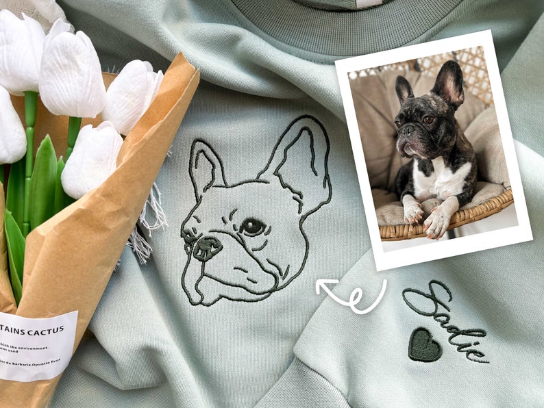 Custom Embroidered Pet Portrait Sweatshirt, Personalized Dog or Cat Photo Gift