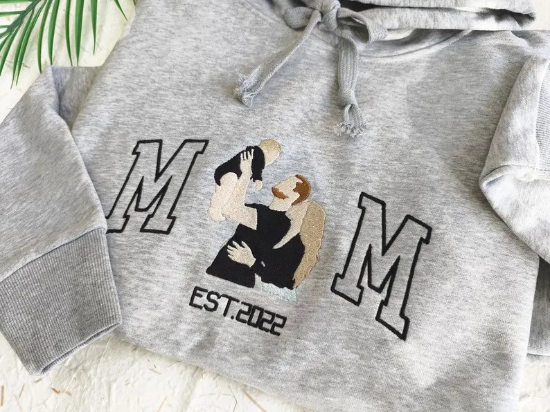 Custom Embroidered Portrait Sweatshirt from Photo – Character Color Block Embroidery, Personalized Mother’s Day Gift