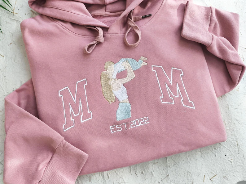 Custom Mama Sweatshirt with Photo – Embroidered Mama & Kids Portrait Hoodie, Personalized Varsity Shirt, Perfect Mother’s Day Gift