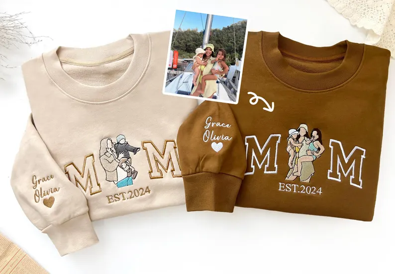 Custom Mom Sweatshirt with Photo, Embroidered Mam0a Portrait Hoodie, Personalized Varsity Sportshirt, Custom Embroidery Sweatshirt, Perfect Mother’s Day Gift
