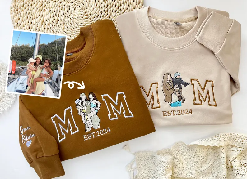 Custom Mom Sweatshirt with Photo, Embroidered Mam0a Portrait Hoodie, Personalized Varsity Sportshirt, Custom Embroidery Sweatshirt, Perfect Mother’s Day Gift