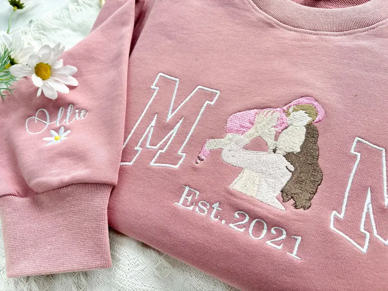 Personalized Mama Embroidered Hoodie – Custom Photo Portrait Sweatshirt for Mom & Kids, Varsity Style