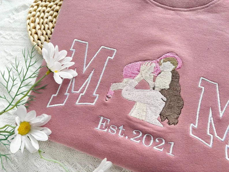 Personalized Mama Embroidered Hoodie – Custom Photo Portrait Sweatshirt for Mom & Kids, Varsity Style