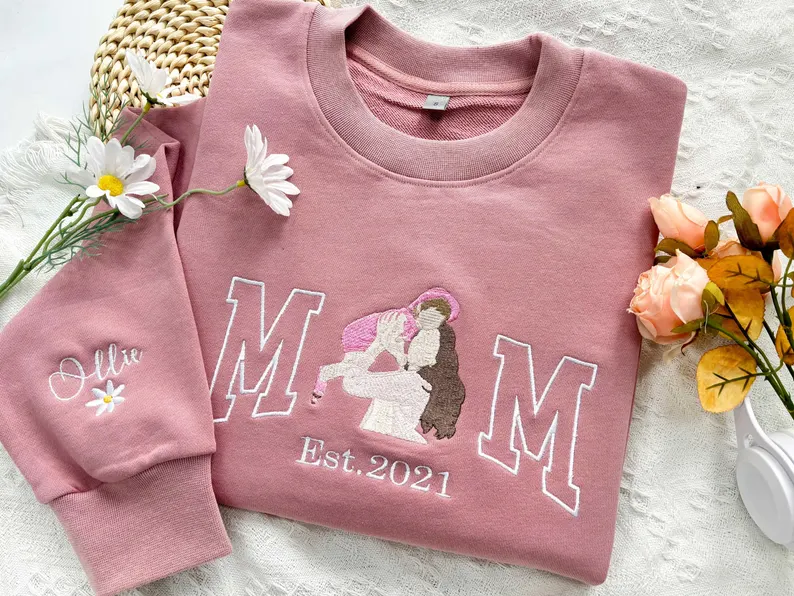 Personalized Mama Embroidered Hoodie – Custom Photo Portrait Sweatshirt for Mom & Kids, Varsity Style