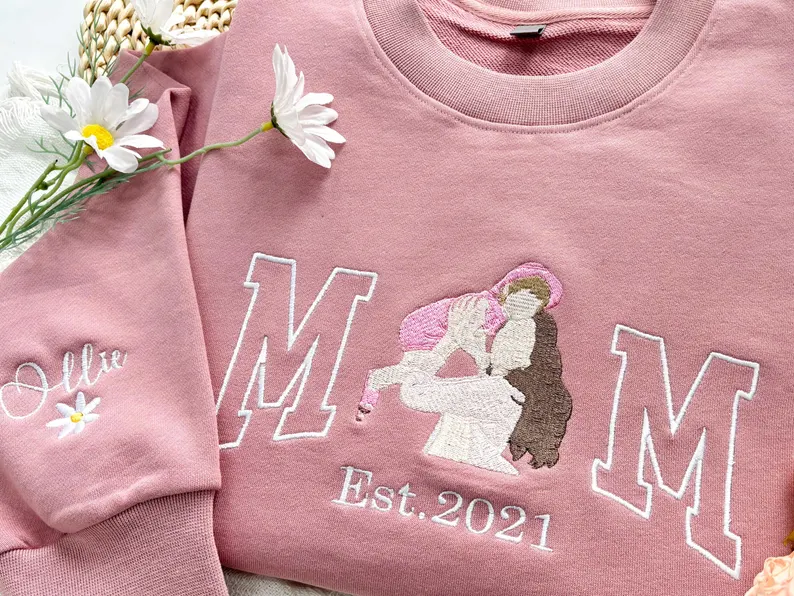 Personalized Mama Embroidered Hoodie – Custom Photo Portrait Sweatshirt for Mom & Kids, Varsity Style