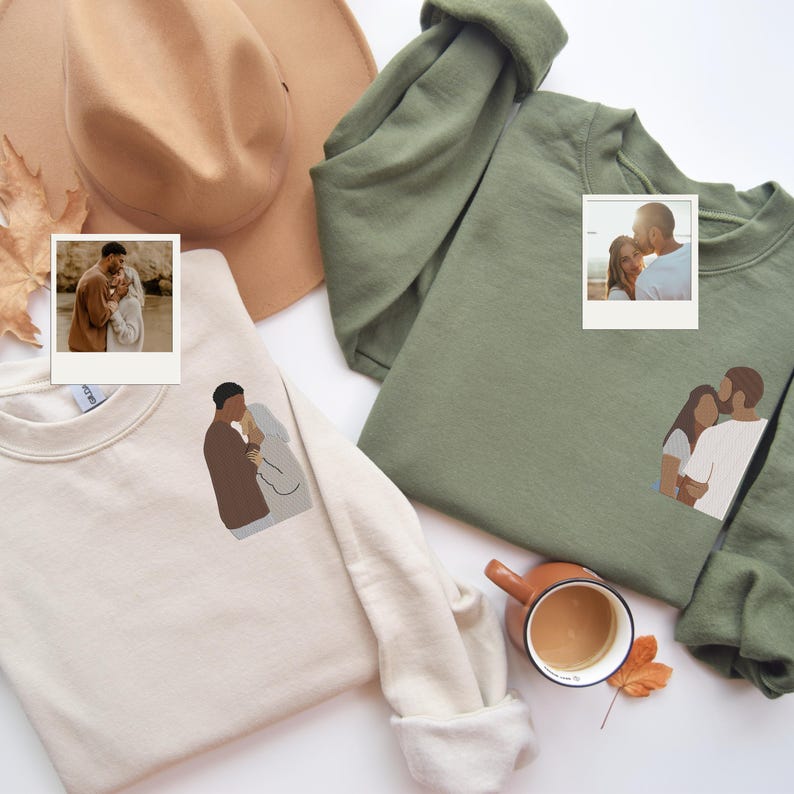 Custom Embroidered Portrait Sweatshirt, Personalized Photo Gift, Embroidered Photo Shirt, Couple Portrait Hoodie