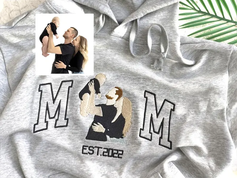 Custom Embroidered Portrait Sweatshirt from Photo – Character Color Block Embroidery, Personalized Mother’s Day Gift