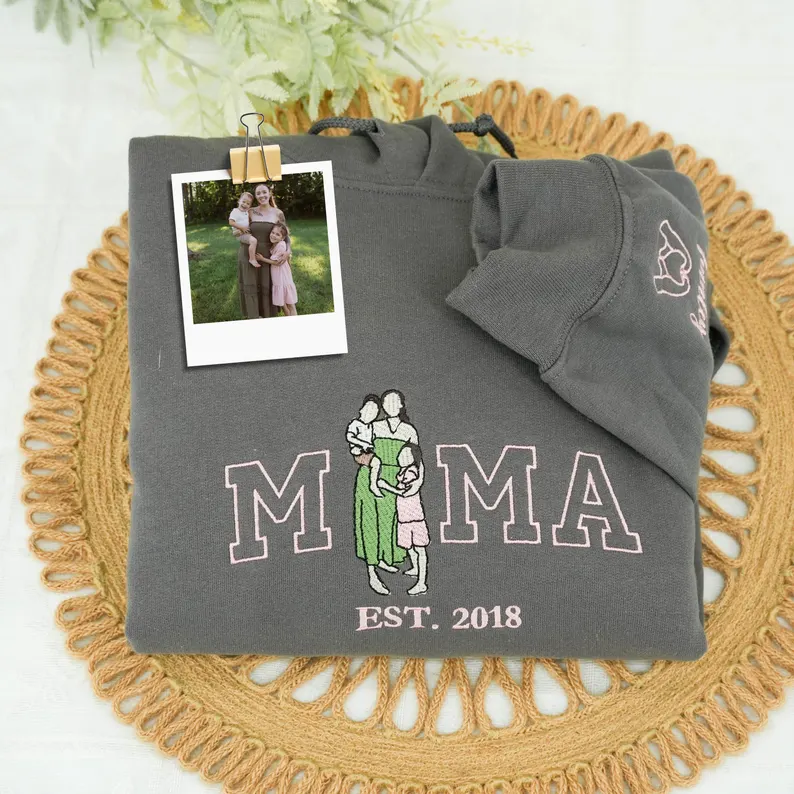 Custom Mama Hoodie with Photo – Embroidered Sweatshirt Featuring Mama & Kids Portrait, Varsity Style Shirt, Personalized Embroidery for Mom, Mama, or Mommy 💖