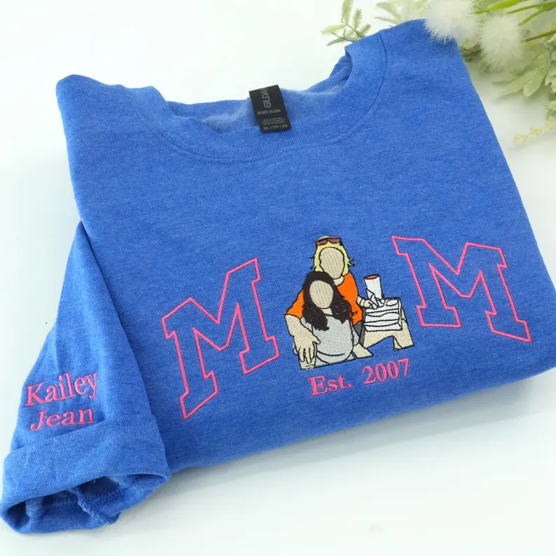 Custom Mama Hoodie with Photo – Embroidered Sweatshirt Featuring Mama & Kids Portrait, Varsity Style Shirt, Personalized Embroidery for Mom, Mama, or Mommy 💖
