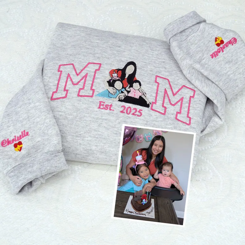 Custom Mama Hoodie with Photo – Embroidered Sweatshirt Featuring Mama & Kids Portrait, Varsity Style Shirt, Personalized Embroidery for Mom, Mama, or Mommy 💖