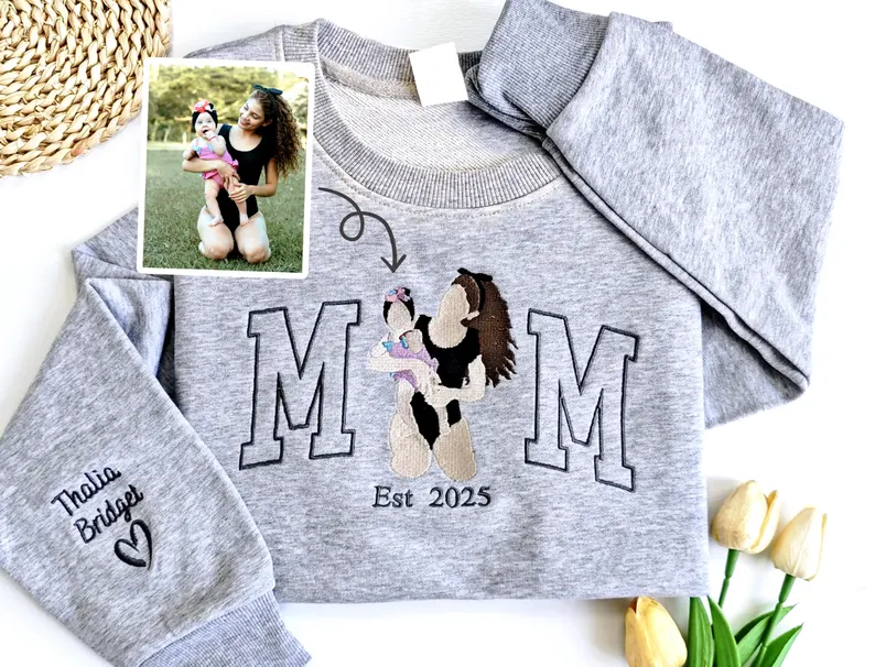 Custom Mama Sweatshirt with Photo, Embroidered Mama & Kids Portrait Hoodie, Family Portrait Varsity Shirt, Perfect Christmas Gift for Mom