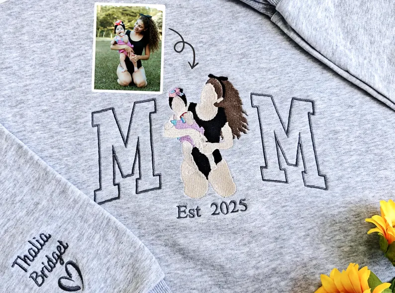Custom Mama Sweatshirt with Photo, Embroidered Mama & Kids Portrait Hoodie, Family Portrait Varsity Shirt, Perfect Christmas Gift for Mom