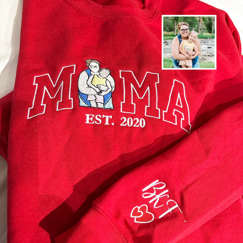 Personalized Mama Sweatshirt with Photo – Custom Embroidered Kids Portrait Crewneck – Memorial Shirt for Mom
