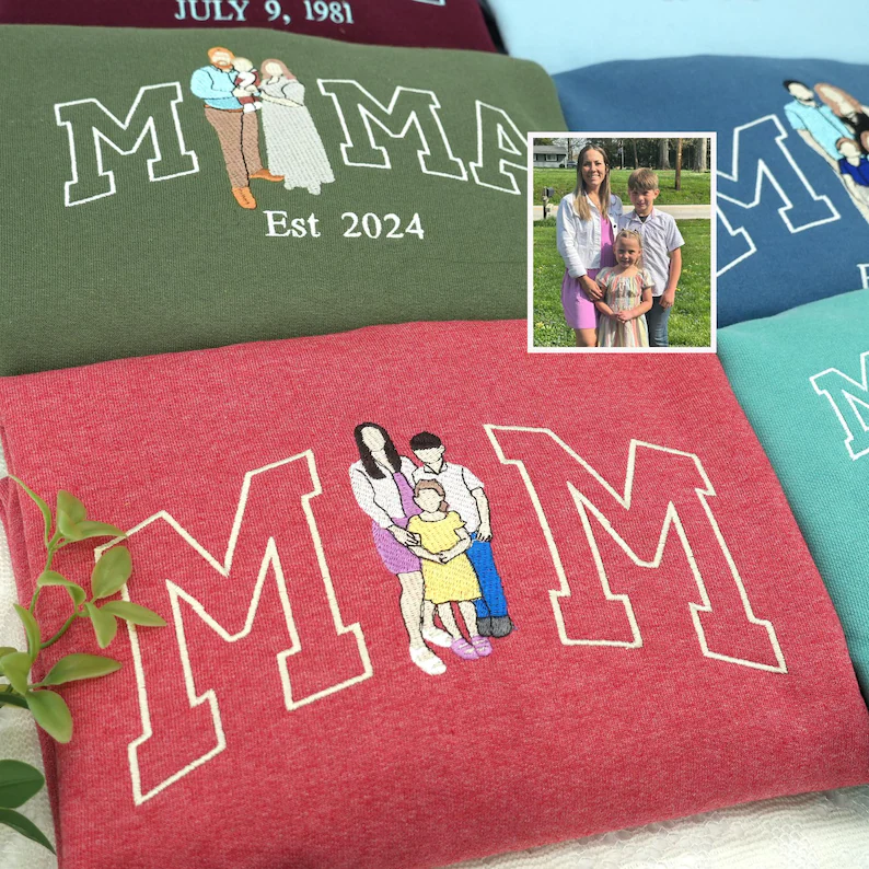 Personalized Mama Sweatshirt with Photo – Custom Embroidered Kids Portrait Crewneck – Memorial Shirt for Mom
