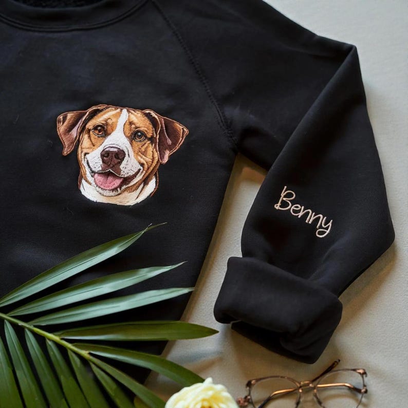 Personalized Embroidered Dog or Cat Portrait Sweatshirt, Custom Pet Photo Hoodie, Unique Gift for Pet Lovers