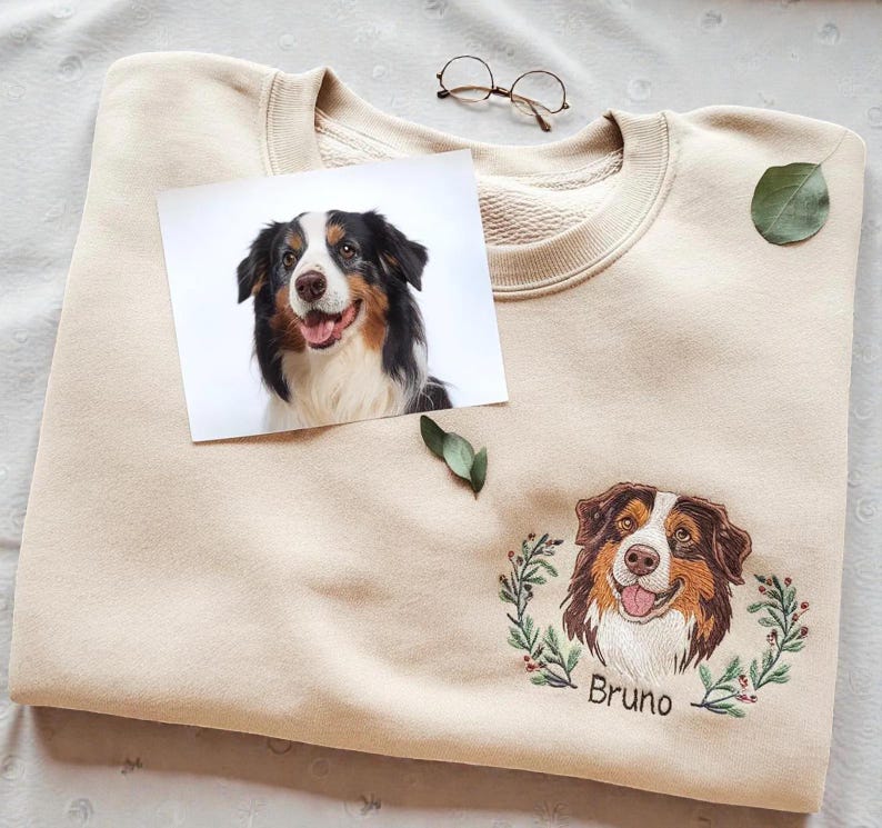 Personalized Embroidered Dog or Cat Portrait Sweatshirt, Custom Pet Photo Hoodie, Unique Gift for Pet Lovers