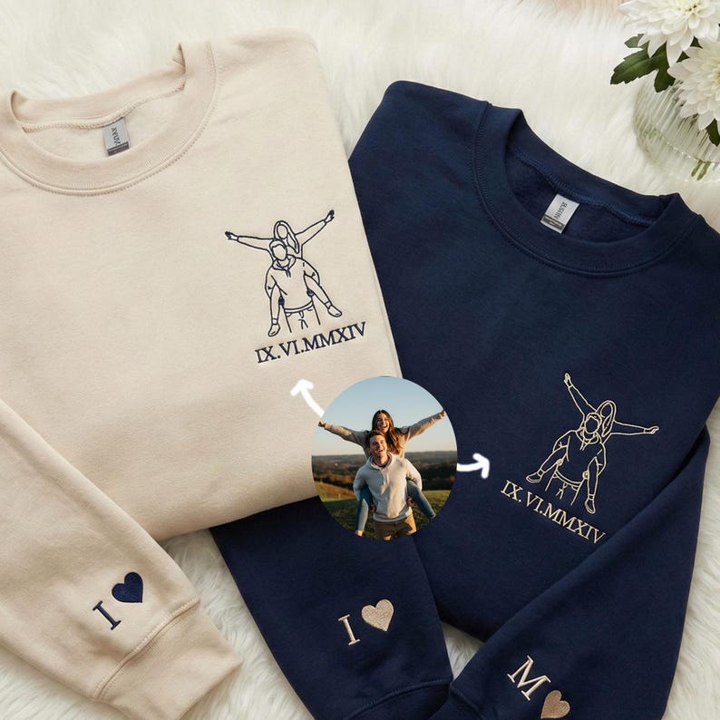 Custom Embroidered Couple Portrait Sweatshirt, Personalized Line Art Crewneck, Outline Photo Embroidered Shirt, Custom Roman Numeral Gift