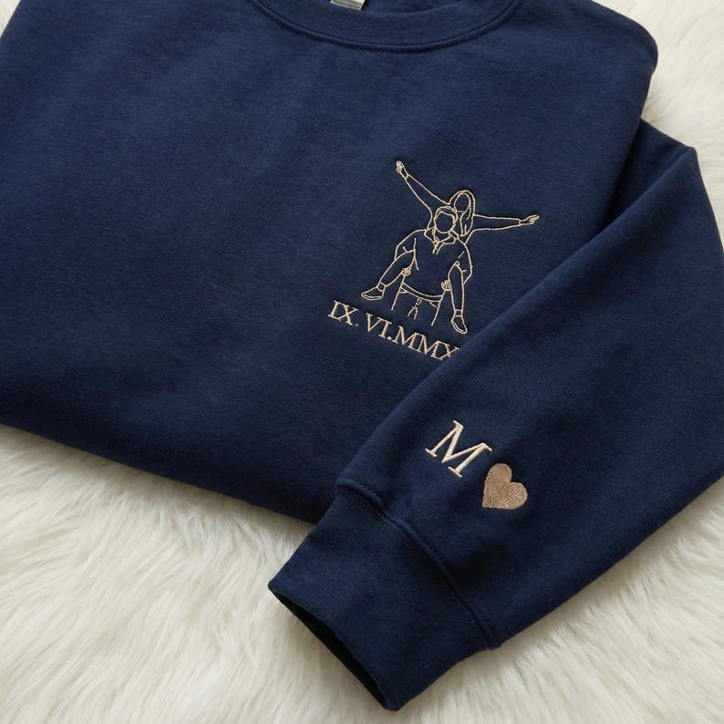 Custom Embroidered Couple Portrait Sweatshirt, Personalized Line Art Crewneck, Outline Photo Embroidered Shirt, Custom Roman Numeral Gift