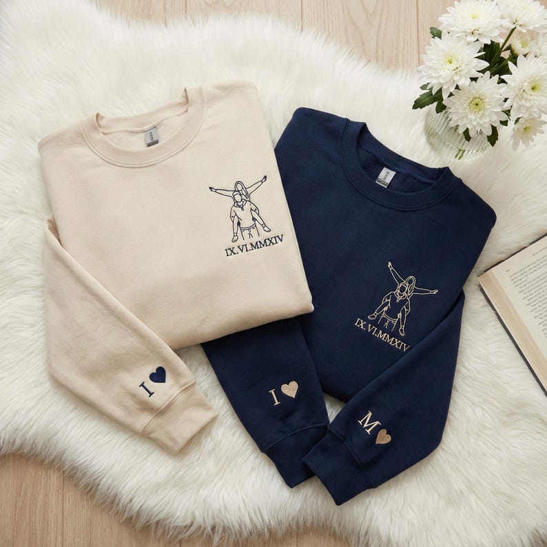 Custom Embroidered Couple Portrait Sweatshirt, Personalized Line Art Crewneck, Outline Photo Embroidered Shirt, Custom Roman Numeral Gift