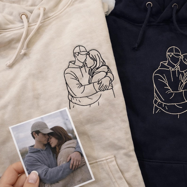 Personalized Embroidered Photo Sweatshirt, Custom Outline Portrait Hoodie, One Line Drawing Family Gift, Couple Hoodie, Birthday Gift