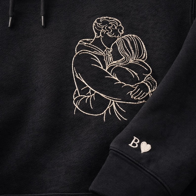 Personalized Embroidered Photo Sweatshirt, Custom Outline Portrait Hoodie, One Line Drawing Family Gift, Couple Hoodie, Birthday Gift