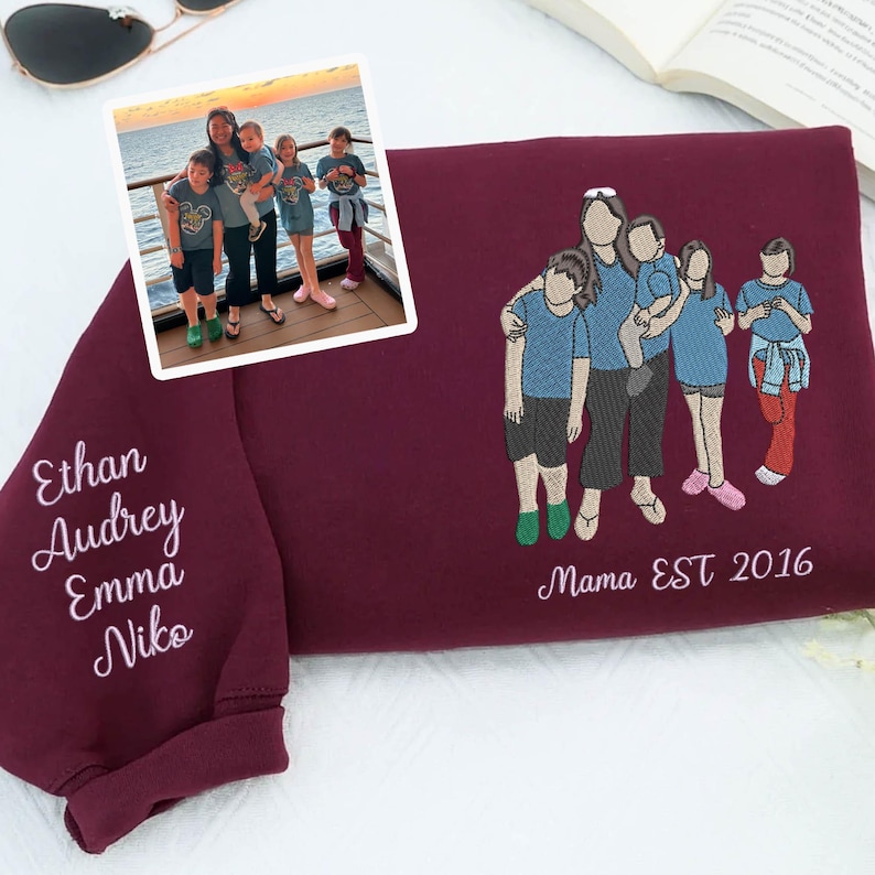 Custom Embroidered Family Portrait Sweatshirt, Personalized Family Reunion Gift