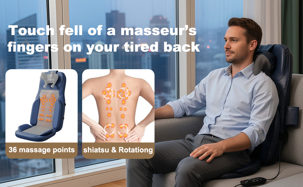 Man using massager in front of mirror, showcasing back relief experience - blue